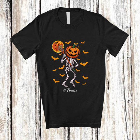 MacnyStore - Personalized Custom Name Pumpkin Skeleton Playing Lacrosse; Amusing Halloween Player Team T-Shirt