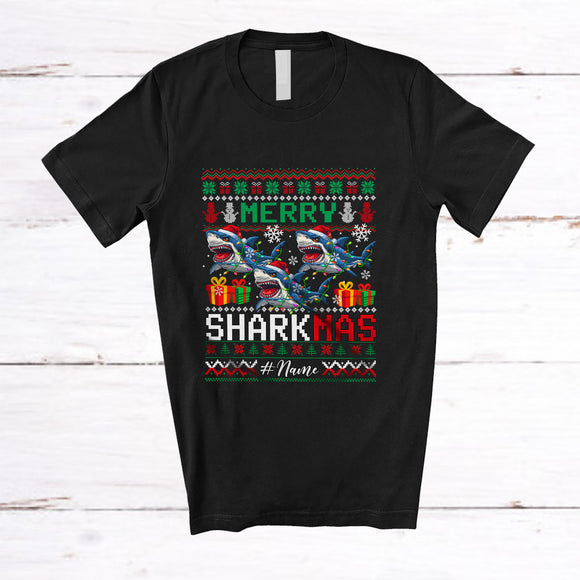 MacnyStore - Personalized Custom Name Merry Sharkmas; Humorous Christmas Sweater Three Shark Santa T-Shirt