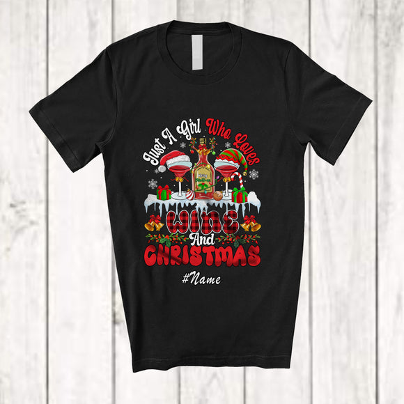 MacnyStore - Personalized Custom Name Girl Who Loves Wine Christmas; Amazing X-mas Plaid Lights T-Shirt