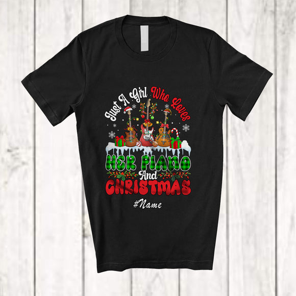 MacnyStore - Personalized Custom Name Girl Who Loves Her Guitars Christmas; Amazing X-mas Plaid Lights T-Shirt
