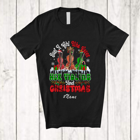 MacnyStore - Personalized Custom Name Girl Who Loves Her Violins Christmas; Amazing X-mas Plaid Lights T-Shirt