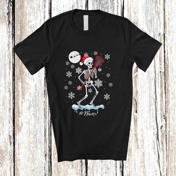 MacnyStore - Personalized Custom Name Santa Skeleton Playing Lacrosse; Amusing Christmas Player T-Shirt