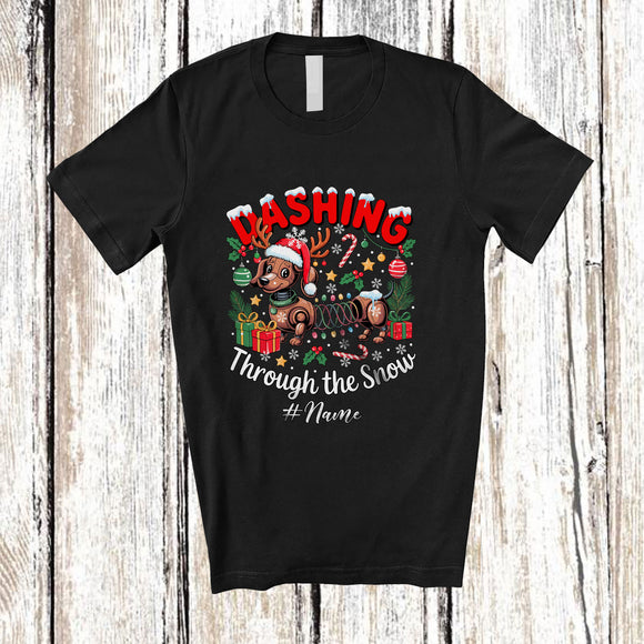 MacnyStore - Personalized Custom Name Dashing Through Snow; Lovely Christmas Dachshund Santa Reindeer T-Shirt