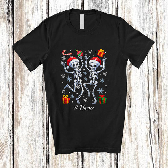 MacnyStore - Personalized Custom Name Couple Santa Skeleton Dancing; Amusing Christmas Snow Family T-Shirt