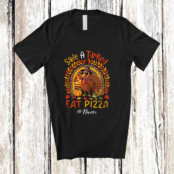 MacnyStore - Personalized Custom Name Save A Turkey Eat Pizza; Lovely Thanksgiving Leopard Rainbow Food T-Shirt