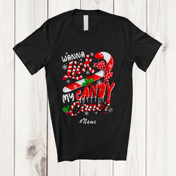 MacnyStore - Personalized Custom Name Wanna Lick My Candy Cane; Sarcastic Christmas Rude; Family T-Shirt