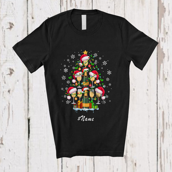 MacnyStore - Personalized Custom Name Santa Champagne Christmas Tree; Amusing X-mas Lights Drinking T-Shirt