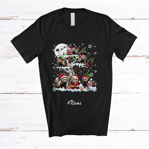 MacnyStore - Personalized Custom Name Santa Ferret On Christmas Tree; Adorable X-mas Ferret Animal T-Shirt
