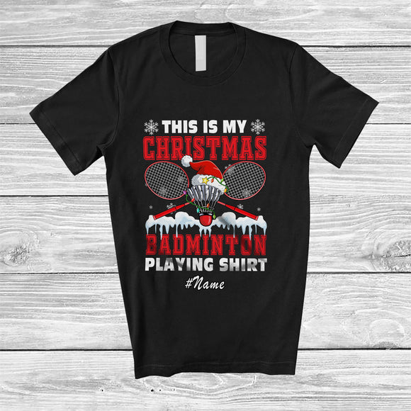 MacnyStore - Personalized Custom Name My Christmas Badminton Playing Shirt; Joyful Sport Player Santa T-Shirt