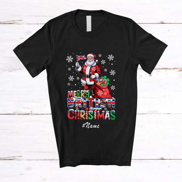 MacnyStore - Personalized Custom Name Merry British Christmas; Lovely Santa British Flag Snow; Family T-Shirt