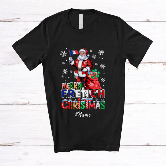 MacnyStore - Personalized Custom Name Merry French Christmas; Lovely Santa French Flag Snow; Family T-Shirt