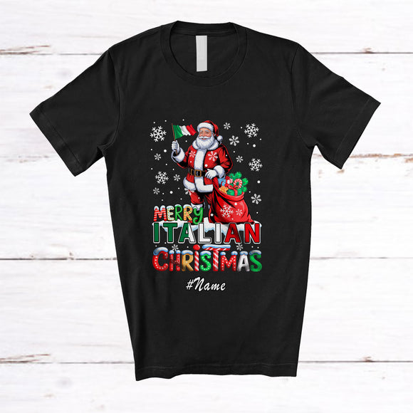 MacnyStore - Personalized Custom Name Merry Italian Christmas; Lovely Santa Italian Flag Snow; Family T-Shirt