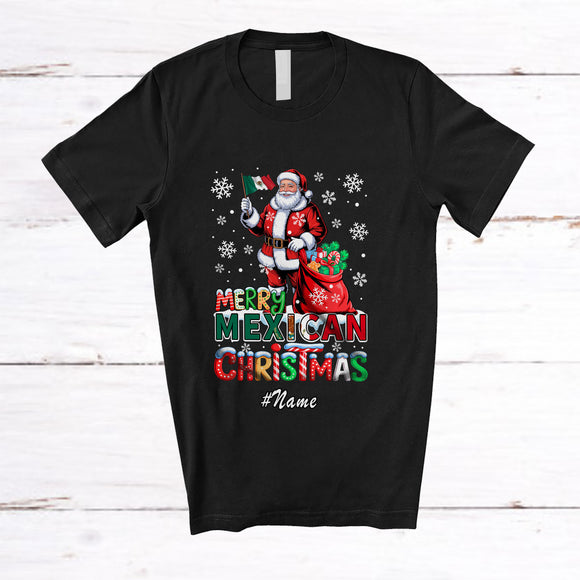 MacnyStore - Personalized Custom Name Merry Mexican Christmas; Lovely Santa Mexican Flag Snow; Family T-Shirt