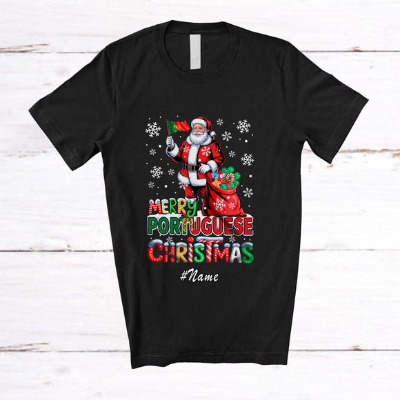 MacnyStore - Personalized Custom Name Merry Portuguese Christmas; Lovely Santa Portuguese Flag; Family T-Shirt