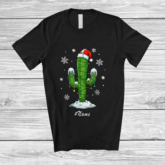 MacnyStore - Personalized Custom Name Santa Cactus; Humorous Christmas Lights Tree Cactus X-mas T-Shirt