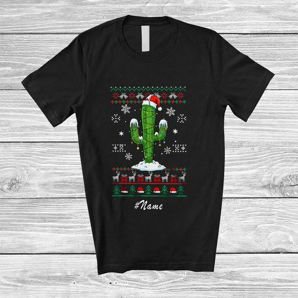 MacnyStore - Personalized Custom Name Santa Cactus; Humorous Christmas Lights Tree Sweater Cactus T-Shirt