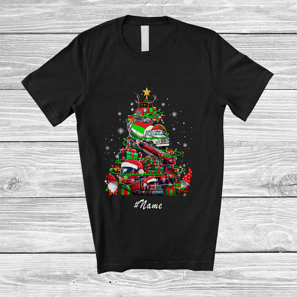 MacnyStore - Personalized Custom Name Christmas Tree Construction Vehicle; Joyful Excavator Truck Driver T-Shirt