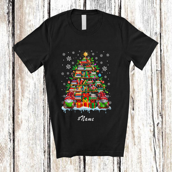 MacnyStore - Personalized Custom Name Book Christmas Tree Gnomes; Lovely X-mas Library Librarian Teacher T-Shirt