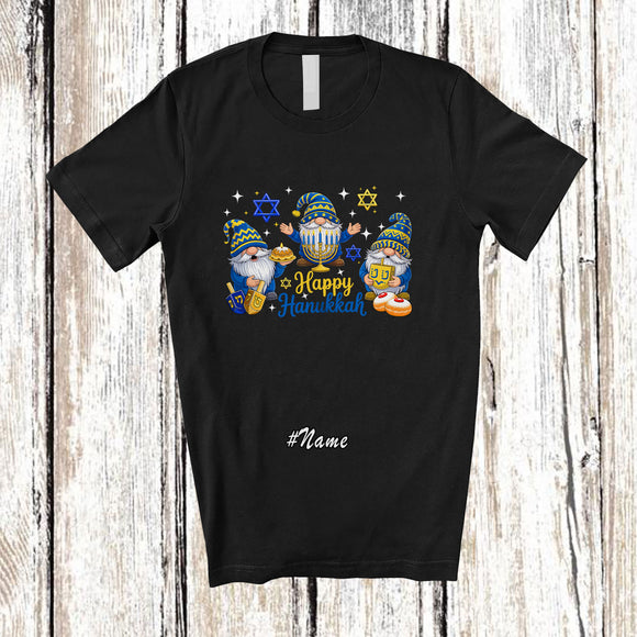 MacnyStore - Personalized Custom Name Happy Hanukkah; Amusing Chanukah Lights Three Gnomes Gnomies T-Shirt