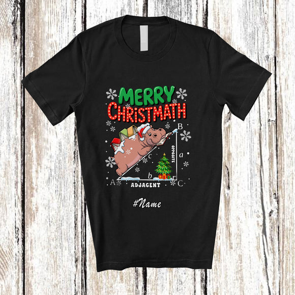 MacnyStore - Personalized Custom Name Merry Christmath; Lovely Christmas Math Hippopotamus Santa Teacher T-Shirt