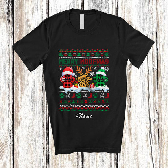 MacnyStore - Personalized Custom Name Merry Woofmas; Joyful Christmas Sweater Three Plaid Leopard Dog Paws T-Shirt
