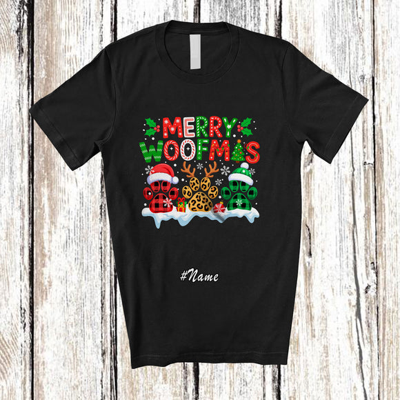 MacnyStore - Personalized Custom Name Merry Woofmas; Amazing Christmas Three Plaid Leopard Dog Paws T-Shirt