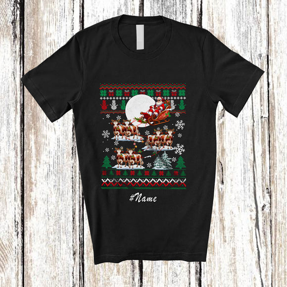 MacnyStore - Personalized Custom Name Santa Sleigh Reindeer Cows; Humorous Christmas Sweater Farmer T-Shirt