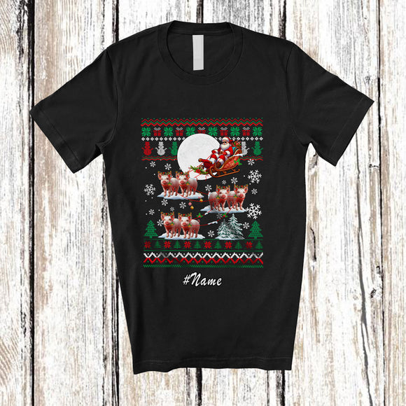 MacnyStore - Personalized Custom Name Santa Sleigh Reindeer Pigs; Humorous Christmas Sweater Farmer T-Shirt