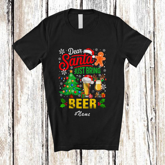 MacnyStore - Personalized Custom Name Santa Just Bring Beer; Cheerful Christmas Lights Drunker Drinking T-Shirt