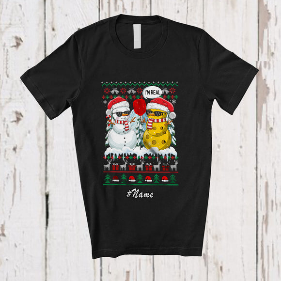 MacnyStore - Personalized Custom Name I'm Real Snowman; Humorous Christmas Sweater Pickleballs Player T-Shirt