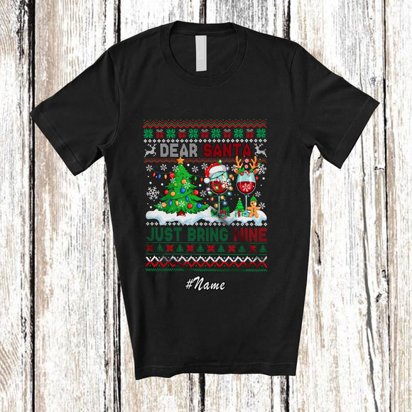 MacnyStore - Personalized Custom Name Santa Just Bring Wine; Cheerful Christmas Sweater Drunker Drinking T-Shirt