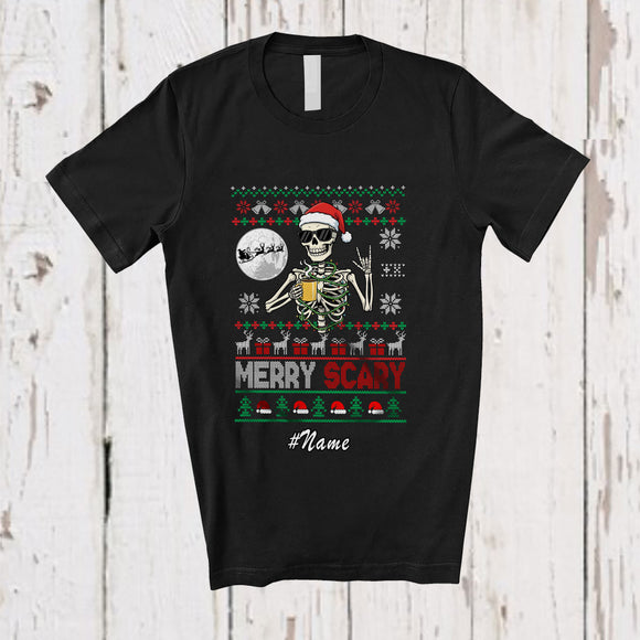 MacnyStore - Personalized Custom Name Merry Scary; Joyful Christmas Sweater Santa Skeleton Drink Coffee T-Shirt