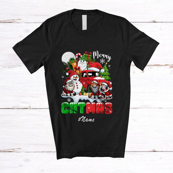 MacnyStore - Personalized Custom Name Merry Catmas; Lovely Christmas Santa Cat Snowman On Pickup Truck T-Shirt