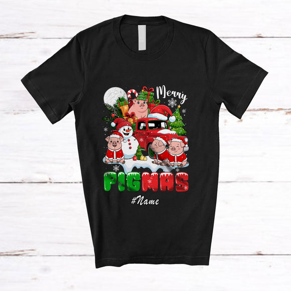 MacnyStore - Personalized Custom Name Merry Pigmas; Lovely Christmas Santa Pig Snowman On Pickup Truck T-Shirt