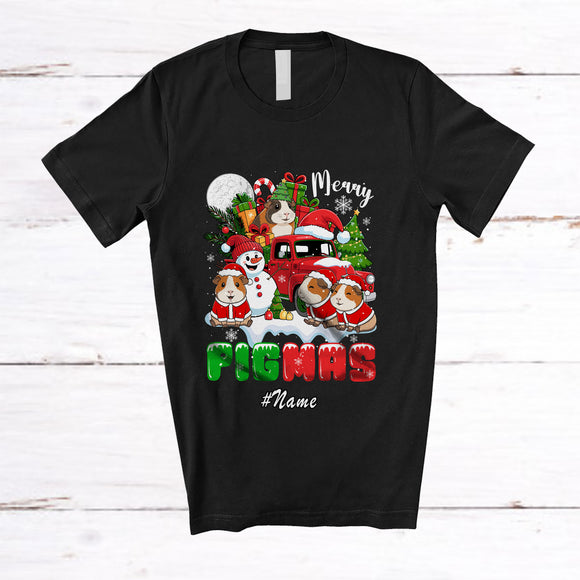 MacnyStore - Personalized Custom Name Merry Pigmas; Lovely Christmas Santa Guinea Pig On Pickup Truck T-Shirt