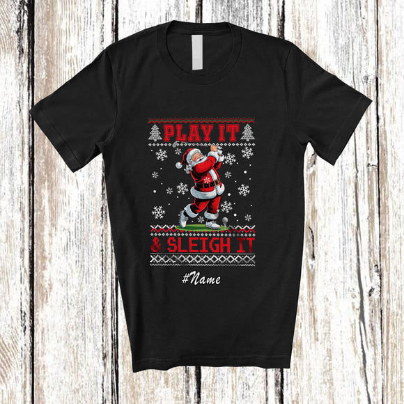 MacnyStore - Personalized Custom Name Play It Sleigh It; Joyful Christmas Sweater Santa Golf Player T-Shirt