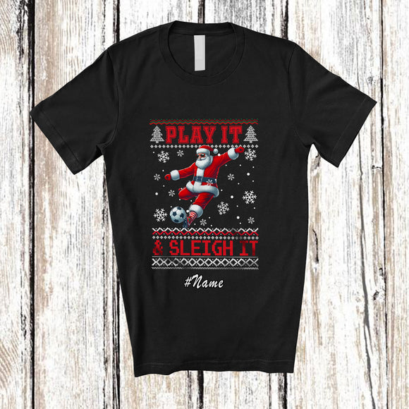 MacnyStore - Personalized Custom Name Play It Sleigh It; Joyful Christmas Sweater Santa Soccer Player T-Shirt