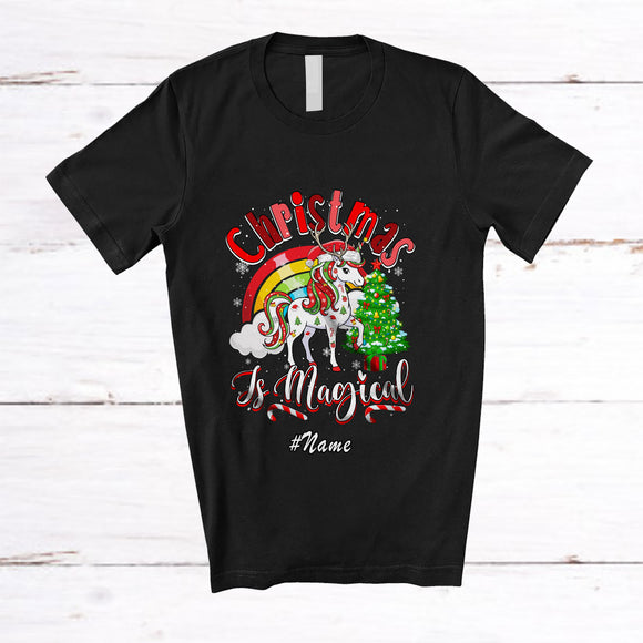 MacnyStore - Personalized Custom Name Christmas Is Magical; Wonderful X-mas Tree Rainbow Unicorn Lover T-Shirt