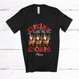 MacnyStore - Personalized Custom Name Christmas With Gnomies; Lovely X-mas Gnomes On Reindeer T-Shirt