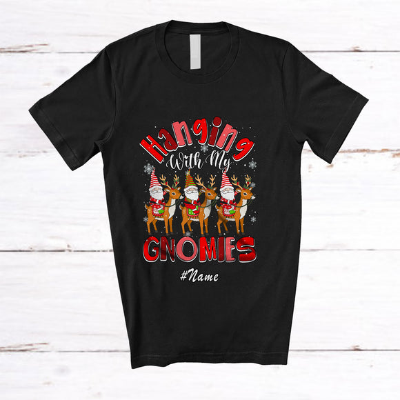 MacnyStore - Personalized Custom Name Hanging With Gnomies; Lovely Christmas Gnomes On Reindeer T-Shirt