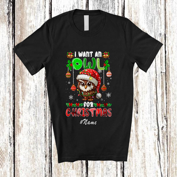 MacnyStore - Personalized Custom Name I Want An Owl For Christmas; Lovely Santa Bird X-mas Lights T-Shirt