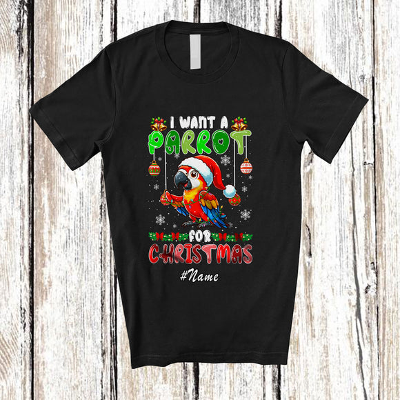 MacnyStore - Personalized Custom Name I Want A Parrot For Christmas; Lovely Santa Bird X-mas Lights T-Shirt