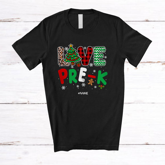 MacnyStore - Personalized LOVE Pre-K; Merry Christmas Tree Plaid; Custom Name Student Teacher T-Shirt