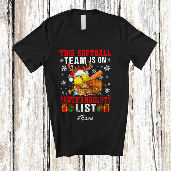 MacnyStore - Personalized Custom Name Softball Team On Santa's Naughty List; Joyful Christmas Player T-Shirt