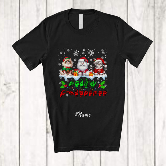 MacnyStore - Personalized Custom Name ASL Sign Language Merry Christmas; Lovely X-mas Snow Cat T-Shirt