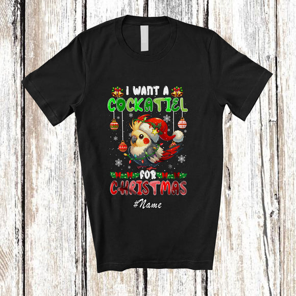 MacnyStore - Personalized Custom Name I Want A Cockatiel For Christmas; Lovely Santa Bird X-mas Lights T-Shirt