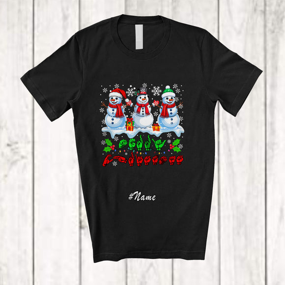 MacnyStore - Personalized Custom Name ASL Sign Language Merry Christmas; Lovely X-mas Snow Snowman T-Shirt