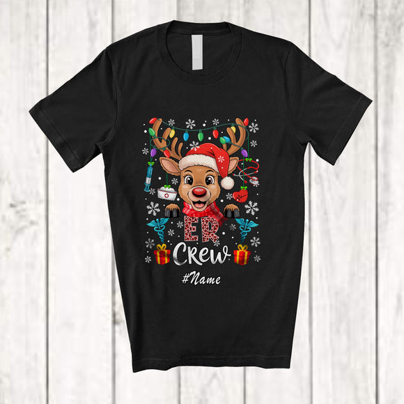MacnyStore - Personalized Custom Name ER Crew; Lovely Christmas Leopard Reindeer Face; Nurse Group T-Shirt