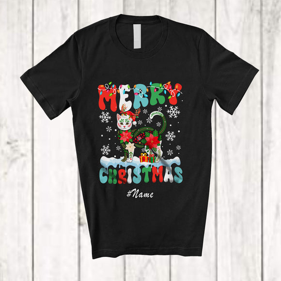 MacnyStore - Personalized Custom Name Merry Christmas; Lovely Santa Cat Poinsettia Flowers Groovy T-Shirt