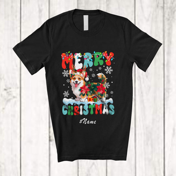 MacnyStore - Personalized Custom Name Merry Christmas; Lovely Santa Corgi Poinsettia Flowers Groovy T-Shirt